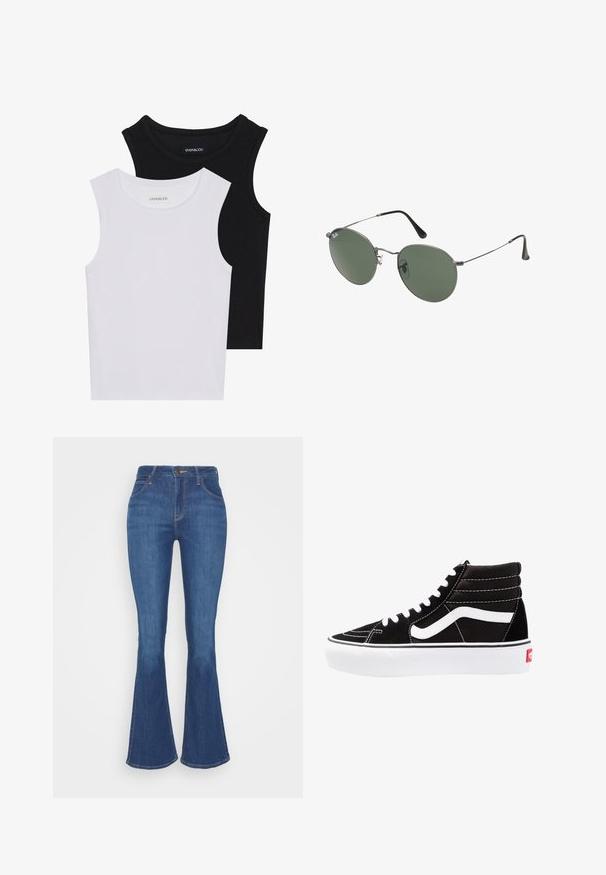 Két ujjatlan felső fekete és fehér színben, bordás pamutból készült, kerek nyakkivágással és testhez simuló fazonnal. Mindkettőn látható címke.; Sötétkék, trapéz szabású farmernadrág, magas derekú, elülső zsebekkel és látható varrási részletekkel. Klasszikus öt zsebes kivitel.; Fekete magasszárú sportcipők fehér fűzővel, fehér logóval és kontrasztos fehér varrással. Vastag fehér talppal és texturált velúrból készült felsőrész jellemzi.; Fémkeretes napszemüveg ovális zöld lencsékkel. Vékony ezüst színű fémkeret és fekete fülrész. Minimalista dizájn, látható logók nélkül.