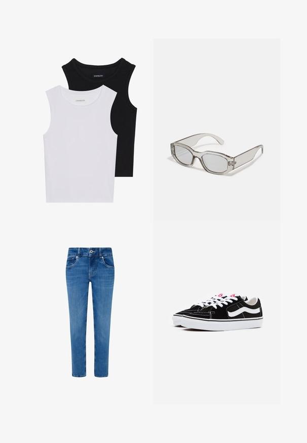 Kaks lühikeste varrukateta toppi mustas ja valges, valmistatud ribakudumist, ümarate kaelustega ja sobiva disainiga. Mõlemal on nähtavad sildid.; Sinine teksapüksid, millel on pasakujuline disain, viis taskut ja sirge lõige. Vöökoht on kinnitatud nööbi ja tõmbluku abil.; Mustad nubukist sneakerid valgete paeltega, millel on silmapaistev valge küljeriba ja must kummist tallaga, esitledes kontrastsete õmbluste detaile.; Hallid hallid läbipaistvad prillid, millel on ristkülikukujuline kuju, lapik lääts ja paksud sangad. Omab peent hingedetaili tempeltes.