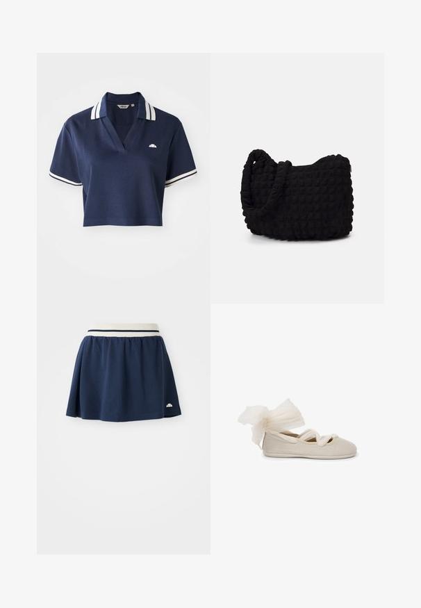 Camisa polo corta de color azul marino con cuello en V, cuello a rayas blancas y mangas cortas, que presenta un pequeño logo en el lado izquierdo del pecho.; Falda azul marino hecha de tela suave con una cinturilla elástica blanca que presenta dos franjas azul marino y un pequeño logo en el dobladillo inferior.; Bailarina beige con un acabado texturizado, que presenta un lazo elegante hecho de una tela transparente en el talón y tiras trenzadas en la parte superior.; Bolsa de tela negra con un patrón texturizado y acolchado. Forma redondeada, asas cortas y gruesas, y una estructura blanda y flexible.