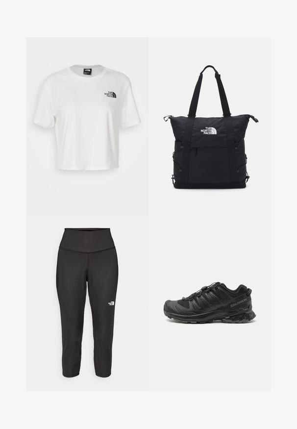 Bijela kratka majica od pamuka s okruglim izrezom i kratkim rukavima. Sadrži crni logo na lijevoj strani prsnog koša.; Crne capri tajice izrađene od rastezljivog materijala, s visokim strukom i malim bijelim logotipom s lijeve strane. Glatka tekstura.; Crne trail trkačke cipele s teksturiranim gornjim dijelom, zakrivljenim dizajnom, sigurnim sustavom vezivanja i čvrstim gumiranim potplatom za prianjanje.; Crna torba s jastučićima, zatvaranje na vrhu sa zipom, duple kratke ručke i logo sprijeda; s bočnim džepovima i podesivim trakama.