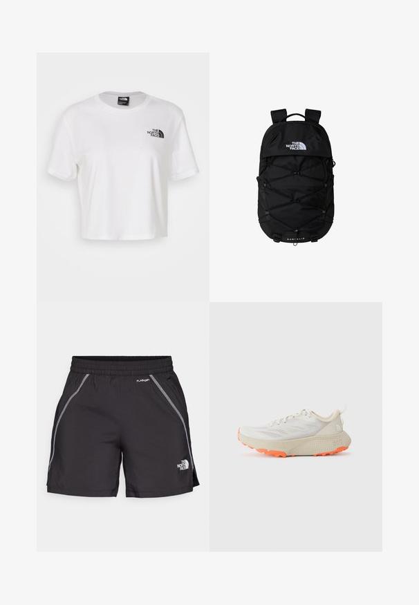 White cropped t-shirt made of cotton with a round neckline and short sleeves. Features a black logo on the left chest.; Black athletic shorts made from lightweight material feature an elastic waistband, reflective detailing, and the logo "The North Face" on the left side.; Light gray athletic shoe with breathable mesh upper, textured cream midsole, and bright orange rubber outsole. Features lace-up design and pull tab.; Black backpack with zippered main compartment, elastic bungee cord design, padded straps, and a logo on the front; made of durable fabric.; Black gloves made from a mix of textured fabric and leather. Features include reinforced fingertips, logo print, and secure wrist straps.
