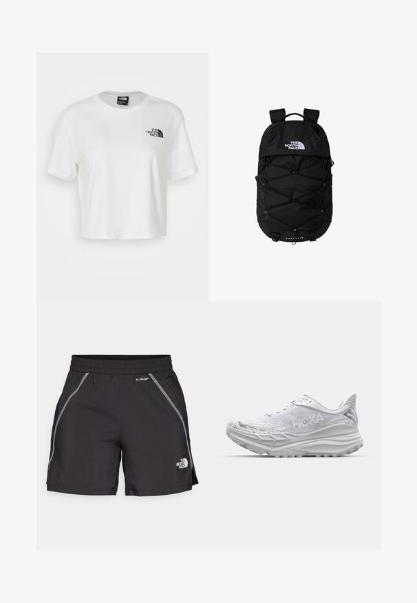 Valkoinen lyhythihainen puuvillapaita, jossa on pyöreä kaula-aukko ja lyhyet hihat. Paidassa on musta logo vasemmassa rinnassa.; Mustat urheilushortsit, jotka on valmistettu kevyestä materiaalista, sisältävät joustavan vyötärön, heijastavia yksityiskohtia ja "The North Face" -logon vasemmalla puolella.; Valkoinen juoksukenkä, jossa on teksturoitu päällinen, pehmeä pohja ja korostettu kantapää. Mukana erottuva logo ja nauhat, suunniteltu mukavuutta varten.; Musta reppu, jossa on vetoketjulla suljettava pääosio, joustava bungee-nauhamalli, pehmustetut hihnat ja logo edessä; valmistettu kestävästä kankaasta.; Mustat hanskat, jotka on valmistettu sekoituksesta teksturoitua kangasta ja nahkaa. Ominaisuuksiin kuuluvat vahvistetut sormipäät, logotuloste ja turvalliset rannekkeen säädöt.