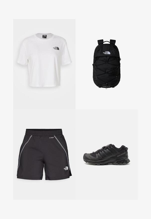 Witte gekorte t-shirt gemaakt van katoen met een ronde hals en korte mouwen. Heeft een zwart logo op de linkerkant van de borst.; Zwarte sportshorts van lichtgewicht materiaal, voorzien van een elastische tailleband, reflecterende details en het logo "The North Face" aan de linkerkant.; Zwarte trailrunning schoen met een gestructureerde bovenkant, gebogen ontwerp, een stevig vetersysteem en een robuuste rubberen loopzool voor grip.; Zwarte rugzak met een met rits afsluitbaar hoofdvak, een ontwerp met elastische bungee koord, gewatteerde schouderbanden en een logo aan de voorkant; gemaakt van duurzame stof.; Zwarte handschoenen gemaakt van een mix van textuurstof en leer. Kenmerken zijn onder andere versterkte vingertoppen, logo-opdruk en veilige polsbanden.