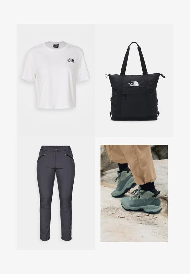 Tricou scurt alb din bumbac, cu guler rotund și mâneci scurte. Prezintă un logo negru pe pieptul stâng.; Pantaloni de trening gri, cu un croi slim, având două buzunare laterale cu fermoar și închidere cu buton. Textură netedă și picioare înguste.; Pantofi outdoor Mammut de culoare verde pal, cu un material texturat, accente galbene și o talpă robustă de culoare neagră. Design durabil pentru activități în aer liber.; Geantă de umăr neagră cu un design căptușit, închidere cu fermoar pe partea de sus, două mânere scurte și logo pe față; are buzunare laterale și curea ajustabilă.