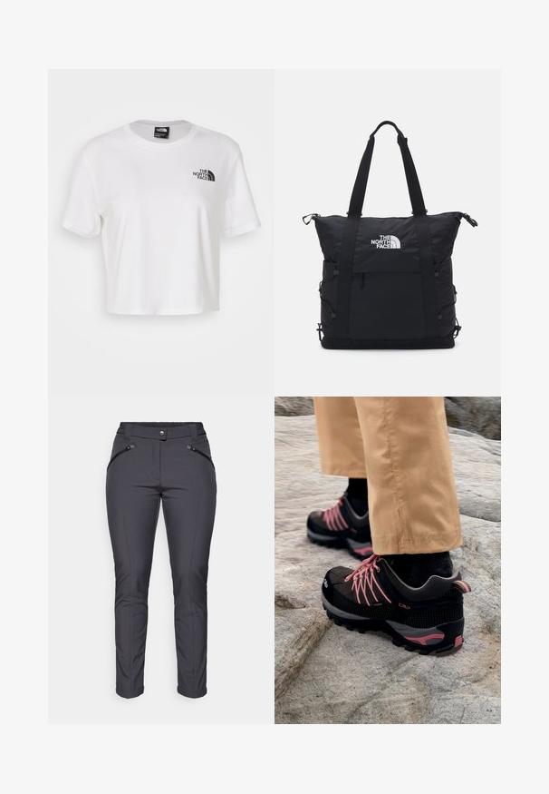 Weißes, kurzes T-Shirt aus Baumwolle mit Rundhalsausschnitt und kurzen Ärmeln. Mit einem schwarzen Logo auf der linken Brust.; Graue Stretchhosen im Slim-Fit mit zwei seitlichen Reißverschlusstaschen und einem Knopfverschluss. Glatte Textur und schmal zulaufende Beine.; Schwarze und graue Wanderschuhe mit pinken Akzenten, ausgestattet mit einem strukturierten Obermaterial, einer verstärkten Zehenkappe und einer robusten Profilsohle, die auf felsigem Gelände liegen.; Schwarze Tragetasche mit gepolstertem Design, oberen Reißverschluss, zwei kurzen Griffen und Logo auf der Vorderseite; verfügt über Seitentaschen und verstellbare Riemen.