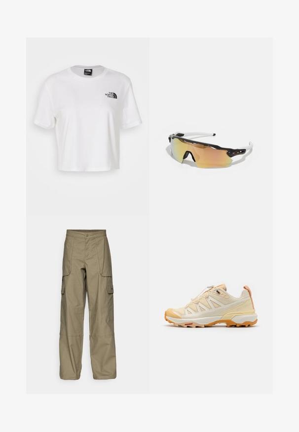 Biała krótka koszulka z bawełny z okrągłym dekoltem i krótkimi rękawami. Posiada czarną logo na lewym piersi.; Pantalony cargo w oliwkowym kolorze, wykonane z luźnego materiału, z wieloma bocznymi kieszeniami i zapięciem na guzik w talii. Gładka tekstura.; Salomon X ULTRA 360 EDGE piaskowy; Okulary przeciwsłoneczne z czarno-białą oprawką, dużymi lustrzanymi soczewkami w złotych i różowych odcieniach, aerodynamiczny kształt oraz wydłużona zewnętrzna krawędź.