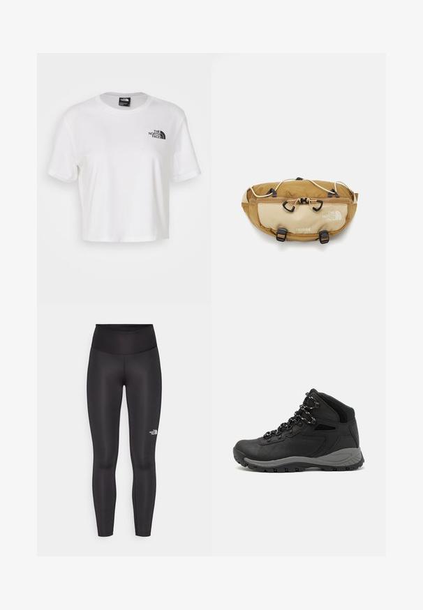 Camiseta recortada blanca de algodón con cuello redondo y mangas cortas. Presenta un logo negro en el lado izquierdo del pecho.; Leggings negros de tejido suave y elástico. Cintura alta con un sutil estampado del logo en la pierna izquierda. Sin costuras visibles.; Bota de senderismo negra con un diseño de medio caña, que cuenta con una parte superior texturizada, acentos grises y una suela de goma duradera con tacos de tracción.; The North Face TERRA LUMBAR 3L UNISEX - Riñonera - utility brown/khaki stone