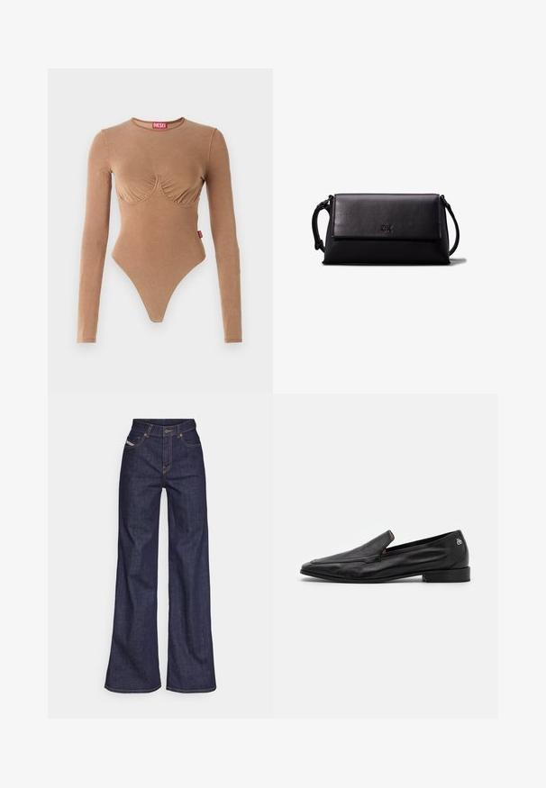 Brauner Langarm-Body mit rundem Ausschnitt und gerafftem Brustdesign. Hergestellt aus glattem Stoff, mit einem Tanga-Boden und kleinem Logo-Tag.; Dunkelblaue weite Jeans aus Denimstoff mit hoher Taille, ausgestattet mit orangefarbenen Nähten, fünf Taschen und einem Knopfverschluss.; Scotch & Soda MILA - Slipper - black; Schwarze Leder-Clutch mit rechteckiger Form, glatter Textur, flacher Klappe und einem kleinen Griff seitlich. Enthält ein dezentes Logo.; Silberne Creolen mit einer glatten, glänzenden Oberfläche. Abgerundete Form, leichtes Design, mit einer Steckverschluss.