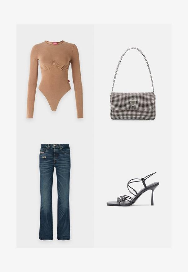 Brūns garām piedurknēm bodijs ar apaļu dekoltē un savirptu krūtīm. Izgatavots no gludas auduma, ar stringa apakšdaļu un nelielu logotipa birku.; Zils denima džinsi ar paplašinātu kāju dizainu, kas ietver vieglu nodilumu, tradicionālo piecu kabatu stilu un klasisku pogu aizdari.; Melnas augstpapēžu sandales ar plāniem siksniņām un mezgla dizainu, gluda kvadrātveida purngalu un elegantu stiletto papēdi.; Gaiši pelēka metāla rokassoma ar ķēdes siksnu, rotāta ar mazām apaļām metāla kniedēm un trīsstūra zīmola logo.; Sudraba stīpas auskari ar gludu, spīdīgu virsmu, izceļas ar izliektaveida formu un aizdari ar tapu. Minimālistisks dizains ar mūsdienīgu apdari.