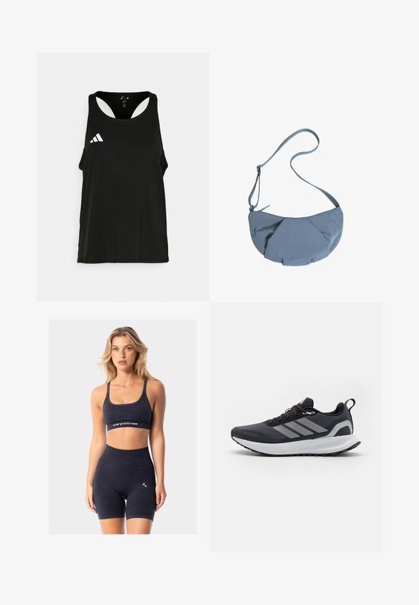 Sort atletisk tanktop med rund halsudskæring og åben rygdesign. Har et hvidt Adidas-logo på venstre brystområde. Blødt, let stof.; Sort atletisk crop top med justerbare stropper og et logo-bånd. Sammen med matchende højtaljede shorts med et lille logo accent.; Sort atletisk sko med mesh-overdel, hvid mellemsål, tekstureret gummisål og tre grå striber på siden. Har snørebånd og en trækflap.; Grå stof crossover taske med en rund form, der har et samlet frontdesign og en tynd justerbar rem. Lynlåslukning på toppen.