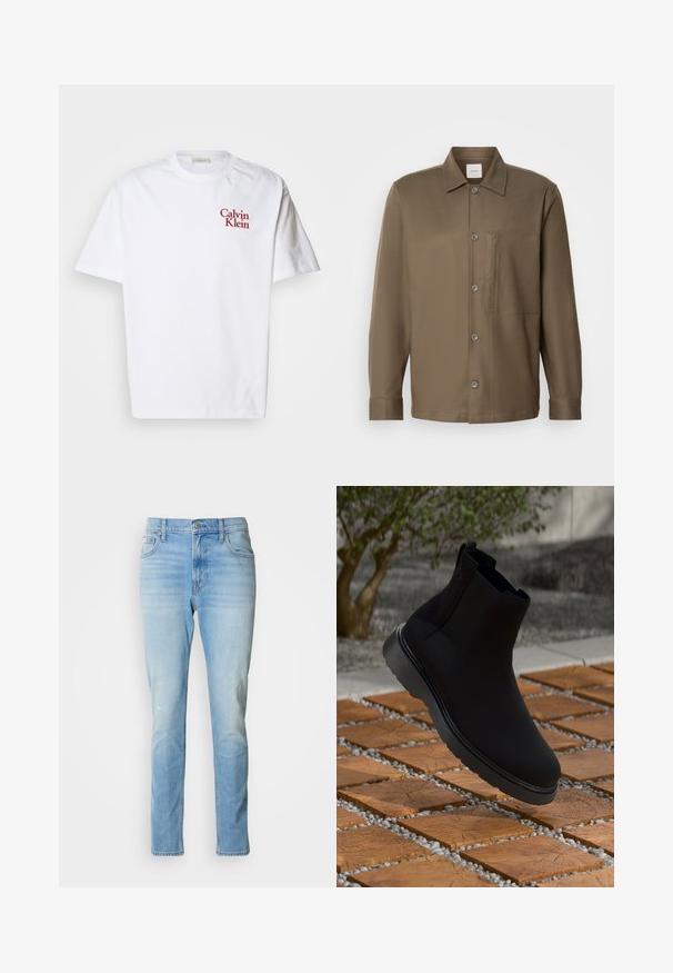 Valkoinen puuvillapaita, jossa on pyöreä kaula-aukko, lyhyet hihat ja punainen kirjailtu "Calvin Klein" -logo rinnassa.; Ruskea nappipaitapusero, jossa on kaulus, pitkät hihat, rintatasku ja sileä pinta. Edessä on harmaita nappeja.; Vaaleansiniset farkut suoralla lahkeella, joissa on hieno haalistuminen ja klassinen viiden taskun muotoilu. Ominaisuuksiin kuuluu nappikiinnitys ja vyölenkit.; Musta nilkkuri, joka on valmistettu sileästä materiaalista, hienovaraista tikkausta, kumipohjaa ja tyylikästä muotoilua, sijoitettuna puuparvisen pinnan päälle.