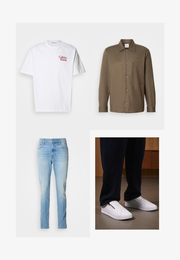 Valge puuvillane T-särk, millel on ümar kaelus, lühikesed varrukad ja punane tikand "Calvin Klein" logo rinnal.; Pruun nööbiga särk, millel on krae, pikad varrukad, rinna tasku ja sile tekstuur. Ees on hallid nupud.; Heledad sinine teksapüks, sirge jala lõikega, kerge kulumisega ja klassikalise viie taskuga disain. Omab nööbilukku ja vöökonse.; Valged tennisetooted sileda nahapinnaga, tasase tallaga ja nööridega disainiga. Küljel asuv tõmblukk lisab funktsionaalsust. Kombineeritud tumedate spordipükste jao.