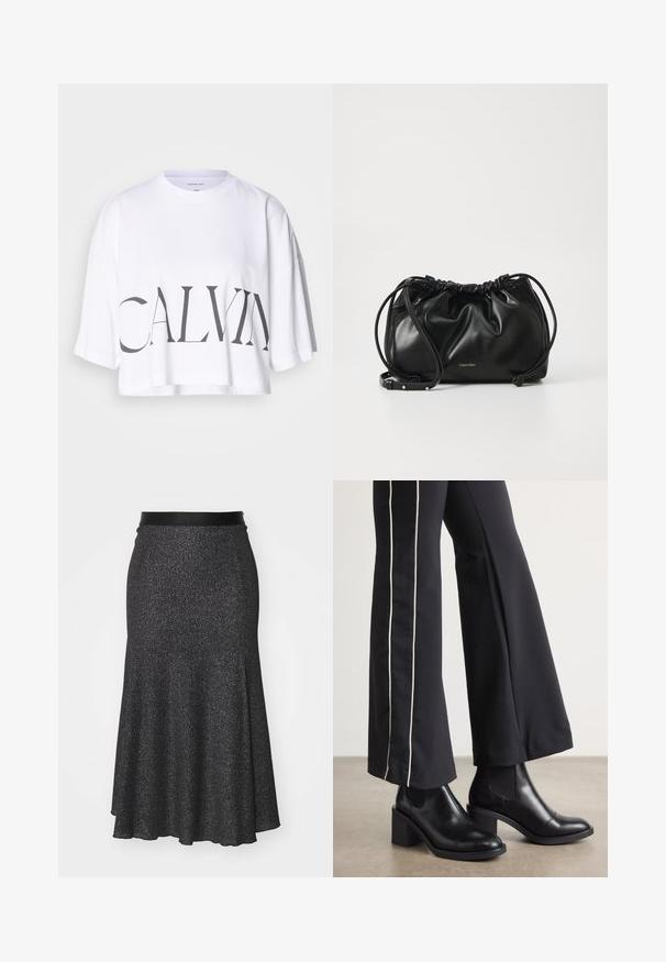 Valkoinen lyhytnenäinen t-paita, joka on valmistettu puuvillasta ja jossa on rohkeaa mustaa tekstiä "CALVIN" edessä. Lyhyet hihat ja rento malli.; Musta kimalteleva levenevä hame, jossa on sileä vyötärö, valmistettu teksturoidusta materiaalista. Hameessa on pidempi takaremmi ja hienovarainen kimalleefekti.; Mustat nahkasaappaat nilkkapituisilla, lohkareella, joissa on joustavat sivupaneelit. Yhdistetty mustiin housuihin, joissa on valkoinen sivuraita.; Musta nahkainen käsilaukku, jossa on kerroksellinen muotoilu, kaksinkertainen nauhakiinnitys ja irrotettava olkahihna. Sisältää metallisen logo-yksityiskohdan.