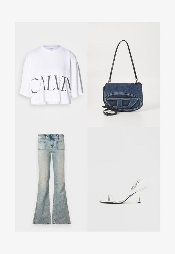 Hvit kortermet t-skjorte laget av bomull, med fet svart tekst "CALVIN" over foran. Korte ermer og en avslappet passform.; Lys blå utstyrte jeans med en falmet finish, med to frontlommer, to baklommer og knappeåpning.; Sølv patentlær slingback høyhælt sandal med en smal tårem, justerbar spenne og en slank hæl.; Denim crossover bag med svart lærreim, oval logo-design på fronten, og glidelåsøkning på toppen. Teksturert overflate.