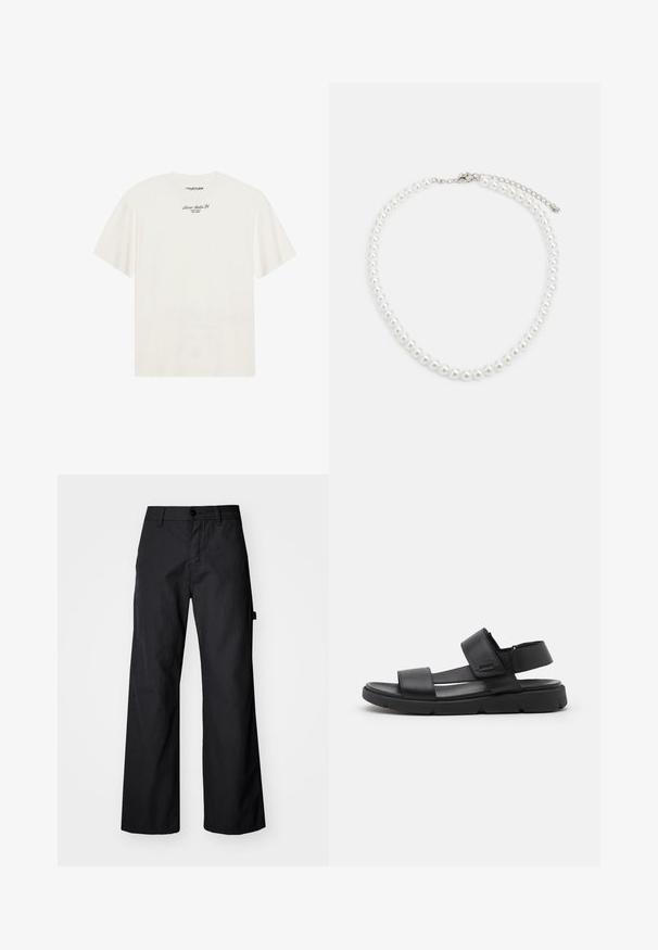 Off-white cotton t-shirt with short sleeves and a relaxed fit. Features a small black text logo on the chest. Smooth texture.; Black, wide-leg trousers made of durable fabric. Features a button closure and side pockets. Smooth texture with a clean design.; Black leather sandals featuring two wide straps, an adjustable ankle band, and a chunky black rubber sole with distinctive grooves.; White pearl necklace with a uniform round shape, smooth surface, and metal clasp with an extension chain for adjustable length.; White pearl necklace with a uniform round shape, smooth surface, and metal clasp with an extension chain for adjustable length.; White pearl necklace with a uniform round shape, smooth surface, and metal clasp with an extension chain for adjustable length.
