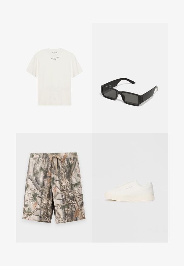 T-shirt in cotone color avorio con maniche corte e vestibilità rilassata. Presenta un piccolo logo in testo nero sul petto. Tessuto morbido.; Bermuda a fantasia mimetica realizzate in tessuto leggero; presentano una vita elastica con cordoncino; i colori includono beige, marrone e verde.; Sneakers bianchi slip-on con superficie texturizzata, suola spessa e design minimalista. Presentano il logo del marchio sul lato.; Occhiali da sole neri con lenti rettangolari, montatura in plastica opaca e bordi dritti. Presentano il logo del marchio sulla parte interna del braccio.