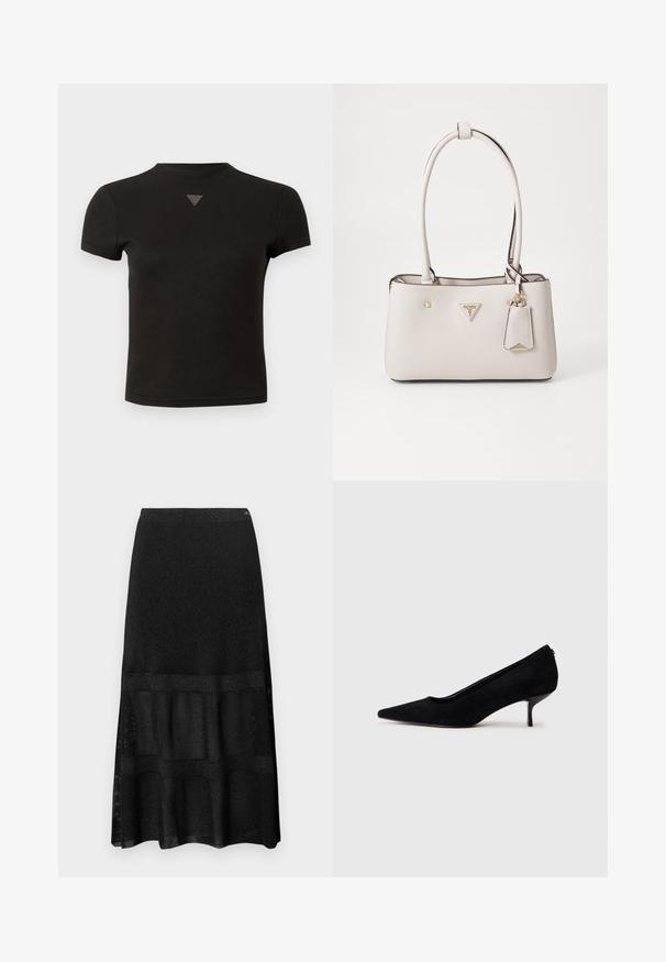 Kurzes schwarzes Cropped-T-Shirt mit einem kleinen, dreieckigen Nieten-Detail an der Vorderseite in der Nähe des Ausschnitts.; Schwarzer, gerippter Stricklongrock mit strukturiertem Paneeldesign, elastischem Bündchen und subtilen Glanzakzenten im gesamten Stoff.; Schwarzer Wildleder-High-Heel-Schuh mit spitzem Zeh und slim, niedrigem Absatz. Glatte Textur mit elegantem Design, ohne sichtbare Beschläge.; Beige Handtasche aus Kunstleder mit glatter Textur, doppelten Schulterriemen, goldenen Beschlägen, Logo-Plakette und einem angehängten Etikett.