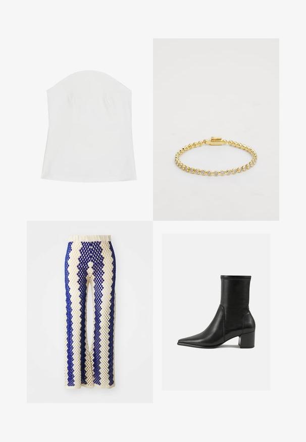 Biały top bez ramiączek, wykonany z miękkiej tkaniny, charakteryzujący się gładką fakturą, dopasowanym krojem oraz subtelnymi marszczeniami w okolicy biustu.; Szydełkowane spodnie z szerokimi nogawkami w kolorze kremowym i granatowym, z geometrycznym wzorem, elastycznym paskiem w talii oraz ażurową teksturą na całej powierzchni.; Czarny botek za kostkę wykonany z gładkiej skóry, z szpiczastym noskiem, słupkowym obcasem oraz wyraźnym podniesionym szwem na górnej krawędzi.; Złota metalowa bransoletka z okrągłymi, przezroczystymi cyrkoniami w jednolitym wzorze, z zapięciem po jednej stronie. Gładka tekstura i błyszczące wykończenie.