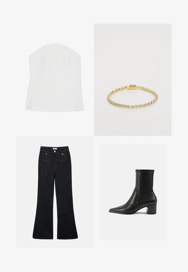 Balta strapless bluze, kas izgatavota no mīksta auduma, ar gludu tekstūru, pieguļošu dizainu un smalku savērsumu detaļām gar krūtīm.; Augstas jostas flared tumšo denima bikses ar divām priekšējām kabatām un orandžu diegu. Materiāls izskatās izturīgs un gluds.; Melnas potītes zābaki, kas izgatavoti no gludas ādas, ar smailu purngalu, blokveida papēdi un izteiktu paceltu šuvumu augšējā malā.; Zelta metāla aproce ar apaļiem caurspīdīgiem rhinestones vienmērīgā rakstā, ar aizdari vienā pusē. Gluda tekstūra un spīdīga apdare.