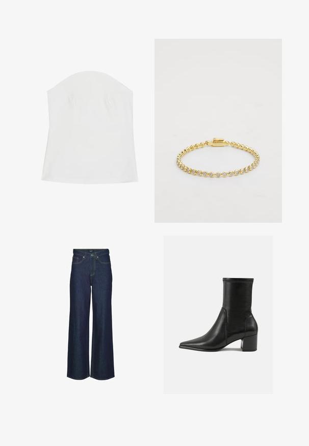 Haut blanc sans bretelles fabriqué à partir d'un tissu doux, présentant une texture lisse, un design ajusté et des détails froncés subtils le long de la poitrine.; Jean large en denim foncé avec taille haute, comportant des accents de couture, des passants de ceinture et des poches avant. Texture lisse, design classique.; Bottine noire en cuir lisse, avec un bout pointu, un talon carré et des coutures surélevées distinctes au bord supérieur.; Bracelet en métal doré ornée de strass ronds et transparents disposés de manière uniforme, avec un fermoir sur un côté. Texture lisse et finition brillante.