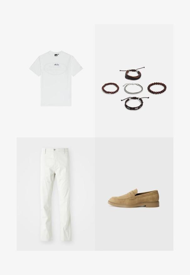 White cotton t-shirt with short sleeves. Features a central oval graphic with “New Era” text in dark blue. Simple, classic fit.; Light gray cotton trousers with a straight leg design, featuring a button closure, front pockets, and subtle texture.; Tan suede loafers with a rounded toe, low block heel, and stitched detailing on the upper. Smooth texture and minimalistic design.; Set of five bracelets featuring brown leather, wooden beads, and a silver chain; varying textures and shapes, with adjustable closures.