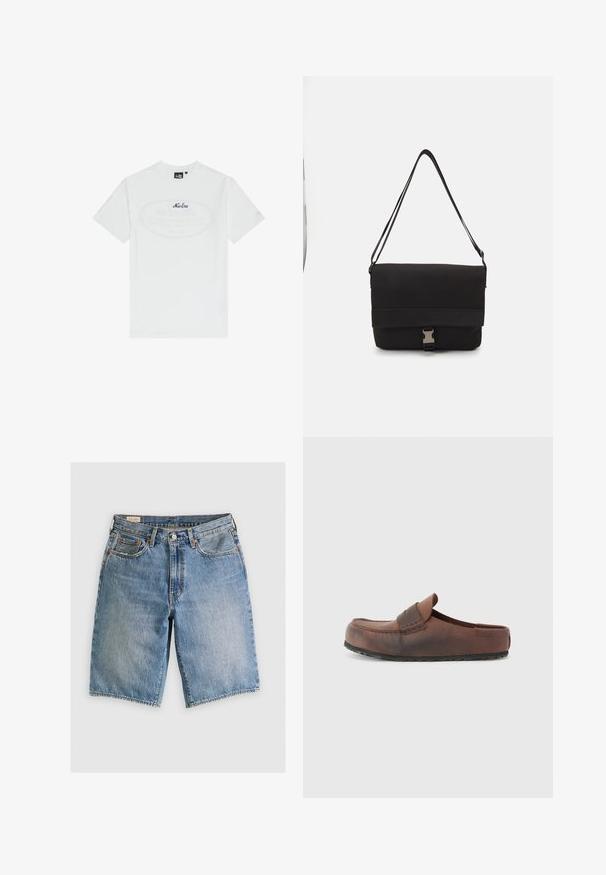 Valge puuvillane t-särk lühikeste varrukatega. Keskosas on ovaalne graafika, millel on tumblue tekst "New Era". Lihtne ja klassikaline lõige.; Heledsinine teksapükste lühike mudel klassikalise lõikega. Sellel on viis taskut, oranžad õmblused ja toorikud servadega.; Pruunist nahast libisev king, millel on ümar varvas, kaunistav tikand ja tekstureeritud kummitald. Lihtne disain ja minimaalsed aktsendid.; Mustmust kärjer, mis on valmistatud siledast materjalist, fold-over klapiga, hõbedaste kinnitustega ja reguleeritava õlarihmaga.