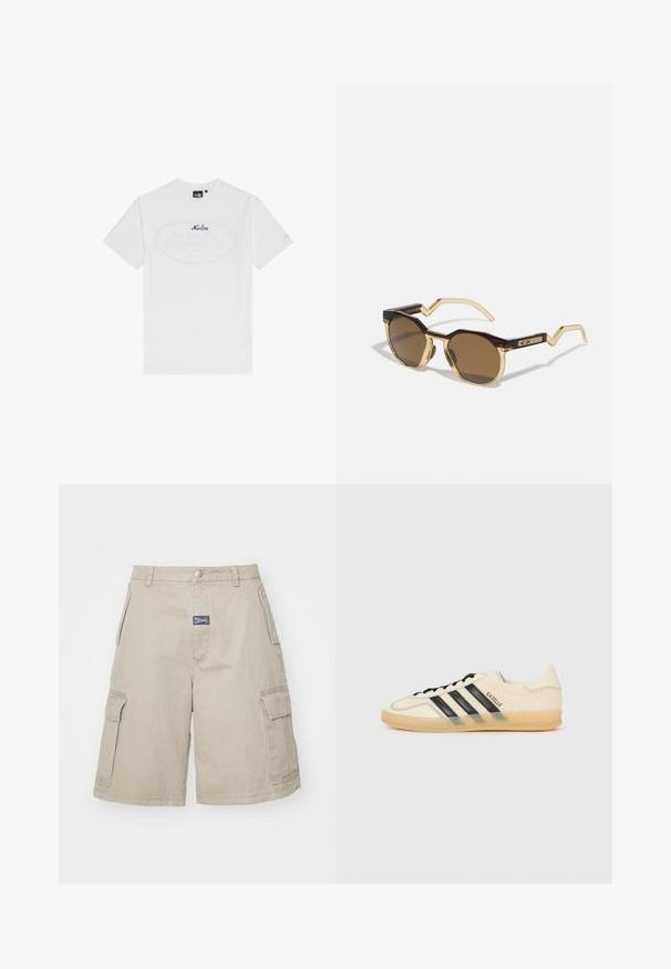 Biała bawełniana koszulka z krótkim rękawem. Posiada centralną owalną grafikę z napisem "New Era" w ciemnoniebieskim kolorze. Prosty, klasyczny fason.; MISBHV - Szorty; Jasna kremowa sneakersy z czarnym wzorem trzech pasków, teksturowana cholewka, okrągły nosek i gumowa podeszwa. Posiada sznurówki i logo po boku.; Brązowe, okrągłe okulary przeciwsłoneczne z muszelkowym i przezroczysto-żółtym w ramie, kanciastymi zausznikami oraz teksturowanymi detalami na skroniach.