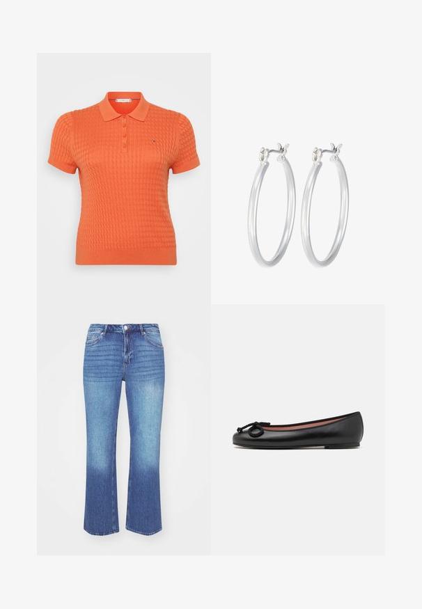 Polo majica kratkih rukava u svijetlo narančastoj boji, s teksturiranim pletenim uzorkom, plaketom s tri gumba i malim logom iznad lijeve strane prsa.; Traperice u svijetlo do srednje plavom gradijentu. Imaju ravni kroj, pet džepova i šivane detalje oko šavova.; Crni kožni baletni stan sa okruglim prstom, s dekorativnom mašnom i glatkom teksturom. Minimalistički dizajn s niskom, ravnom petom.; Srebrne kružne naušnice s glatkom, poliranom površinom. Okrugli oblik i sigurno kopčanje na klik. Lagani dizajn pogodan za svakodnevno nošenje.