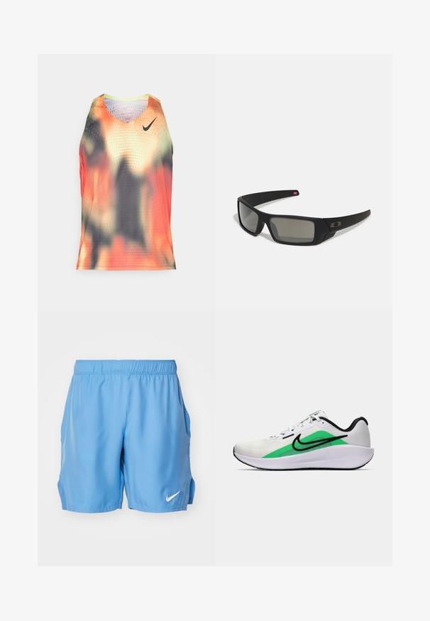 Férfi ujjatlan póló, könnyű hálós anyagban narancssárga, fekete és szürke absztrakt mintázatban; tartalmazza a Nike logóját és perforált textúrát.; Világoskék sportshort, elasztikus derékkal, oldalzsebekkel és egy kis fehér Nike logóval a jobb alsó elülső részen. Simaságú szövettextúra.; Fehér sportcipő zöld akcentussal, fekete logóval, hálós felsőrésszel, párnázott talppal és kerek sarkú kialakítással. Felszereltségében fűzők és kontrasztos részletek találhatók.; Fekete napszemüveg matt felülettel, téglalap alakú lencsékkel, enyhe ívvel a templomokon, diszkrét logó részlettel és füstszínű lencsékkel.