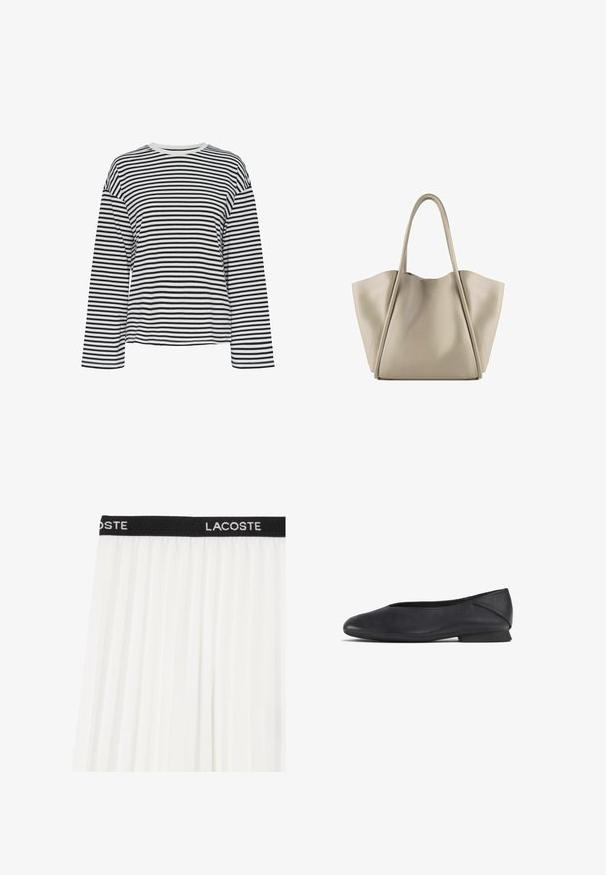 Černobíle pruhované tričko s dlouhým rukávem a kulatým výstřihem. Měkká tkanina, volný střih a kontrastní akcenty kolem výstřihu.; Bílá plisovaná sukně s černým pasem, na kterém je vyšívané "LACOSTE" bílými písmeny. Lehká, volná látka s hladkým povrchem.; Černé kožené ploché boty s kulatou špičkou a nízkým podpatkem, navržené pro neformální i formální nošení.; Krémová kožená taška přes rameno se prostorným a strukturovaným designem. Obsahuje dvě dlouhé uchopovací rukojeti a jemné švy; bez viditelných kovových prvků.