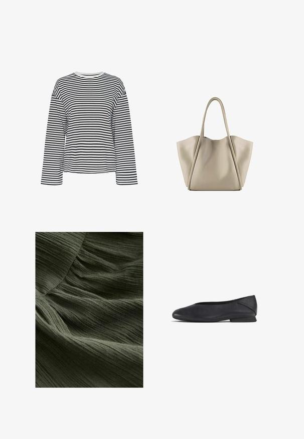 Črna in bela navpična črtasta dolgarokavna majica s krožnim izrezom. Mehka tkanina, sproščen kroj in kontrastni poudarki pri izrezu.; Zeleni nabran material v bližnjem posnetku, ki prikazuje mehko, teksturirano površino z tankimi, valovitimi črtami in lahkotnim, tekočim videzom.; Črne usnjene balerinke z zaobljenim nosom in nizko peto, zasnovane za vsakodnevno ali formalno nošenje.; Bežna usnjena torba z prostornim in strukturiranim dizajnom. Ima dve dolgi ročaji in subtilne šive; brez vidne opreme.