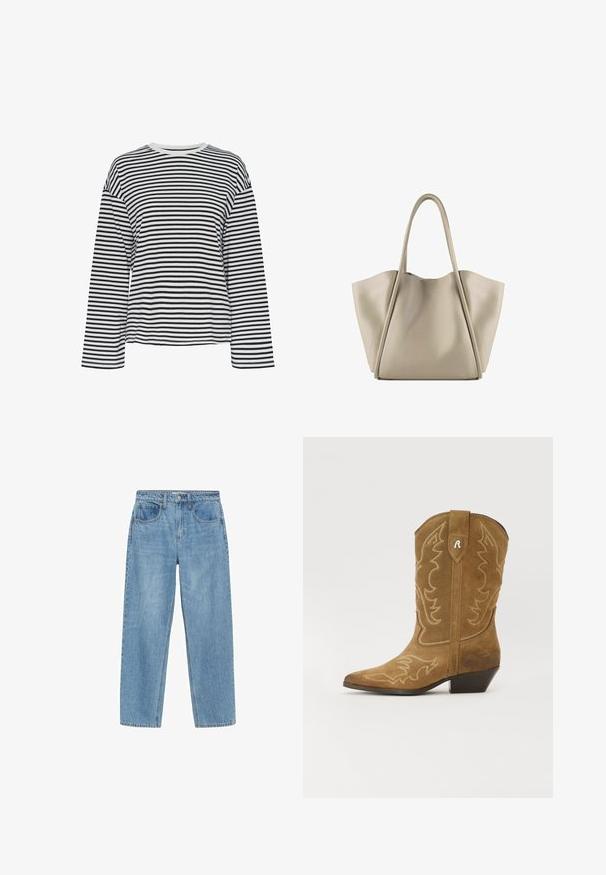 Svart och vit randig långärmad skjorta med rundad halsringning. Mjuk tyg, avslappnad passform och kontrasterande halsringningsdetaljer.; Ljusblå denimjeans med rak passform, hög midja, två framfickor och klassisk knappstängning. Subtil blekning och inga utsmyckningar.; Bruna mockakängor i cowboystil med spetsig tå, intrikat vitt broderi och vinkelhälla. Har en dekorativ design på skaftet och en etikett högst upp.; Beige läder tote-väska med en rymlig, strukturerad design. Har två långa handtag och subtila sömnadsdetaljer; ingen synlig hårdvara.