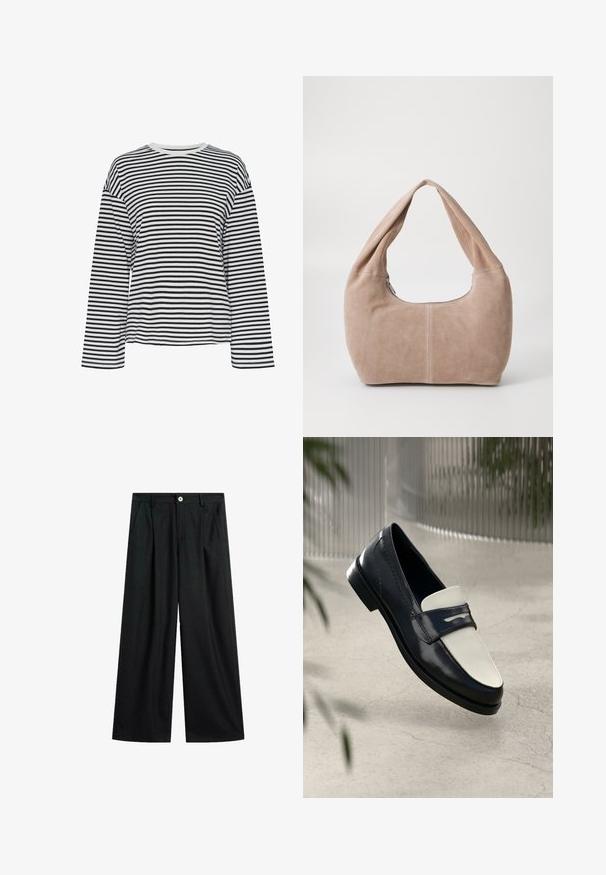 Chemise à manches longues rayée noir et blanc avec un col rond. Tissu doux, coupe décontractée et accents de col contrastants.; Pantalon large noir avec de discrètes rayures, fermeture par bouton à l'avant, passants de ceinture et poches latérales, posé à plat sur un fond blanc.; Mocassin en cuir noir et blanc avec des coutures décoratives, flottant au-dessus d'un sol en béton avec des plantes floues en arrière-plan.; Sac hobo en matériau suédé doux de couleur beige clair. Présente une forme arrondie avec une large sangle et une fermeture éclair.