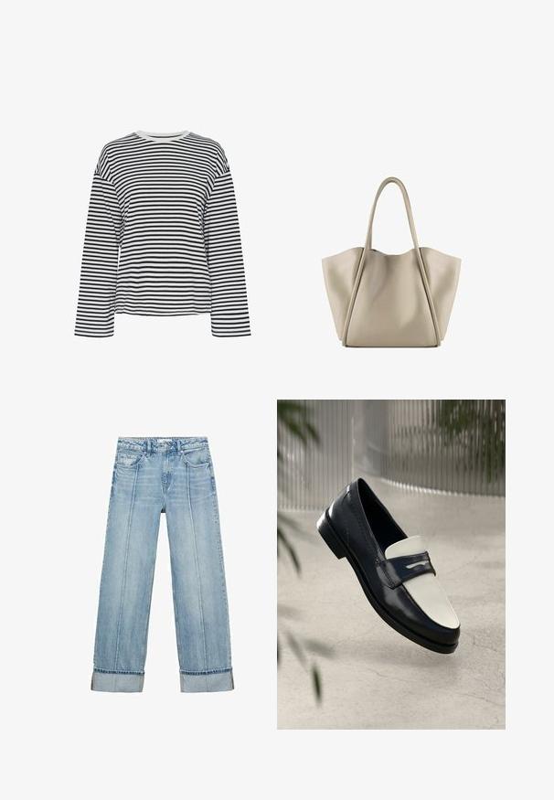 Maglietta a maniche lunghe a righe bianche e nere con scollo a giro. Tessuto morbido, vestibilità comoda e dettagli a contrasto sul colletto.; Jeans a gamba larga in denim blu chiaro con vita alta, dotati di cinque tasche, cuciture visibili e orli risvoltati ai polsini.; Mocassino in pelle bianco e nero con cuciture decorative, sospeso sopra un pavimento di cemento con piante sfocate sullo sfondo.; Borsa tote in pelle beige con un design spazioso e strutturato. Presenta due manici lunghi e cuciture sottili; senza hardware visibile.