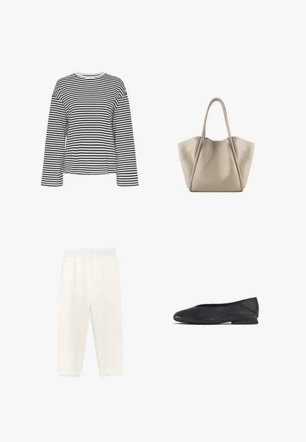 Czarnobiała, w paski, długa bluzka z długim rękawem i okrągłym dekoltem. Miękki materiał, luźny krój oraz kontrastowe akcenty przy dekolcie.; Białe, szerokie spodnie wykonane z gładkiego materiału. Posiadają miękki pas i boczne kieszenie, a także czysty, minimalistyczny design.; Czarne skórzane płaskie buty z zaokrąglonym noskiem i niskim obcasem, zaprojektowane do noszenia na co dzień lub na formalne okazje.; Beżowa skórzana torba typu tote o przestronnym, usztywnionym kształcie. Posiada dwie długie rączki i subtelne szczegóły przeszycia; brak widocznych elementów metalowych.