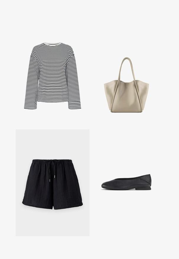 Črna in bela navpična črtasta dolgarokavna majica s krožnim izrezom. Mehka tkanina, sproščen kroj in kontrastni poudarki pri izrezu.; Črne bombažne kratke hlače z teksturirano, nagubano površino. Imajo elastičen pas in nastavljivo vrvico za udobje in prileganje.; Črne usnjene balerinke z zaobljenim nosom in nizko peto, zasnovane za vsakodnevno ali formalno nošenje.; Bežna usnjena torba z prostornim in strukturiranim dizajnom. Ima dve dolgi ročaji in subtilne šive; brez vidne opreme.
