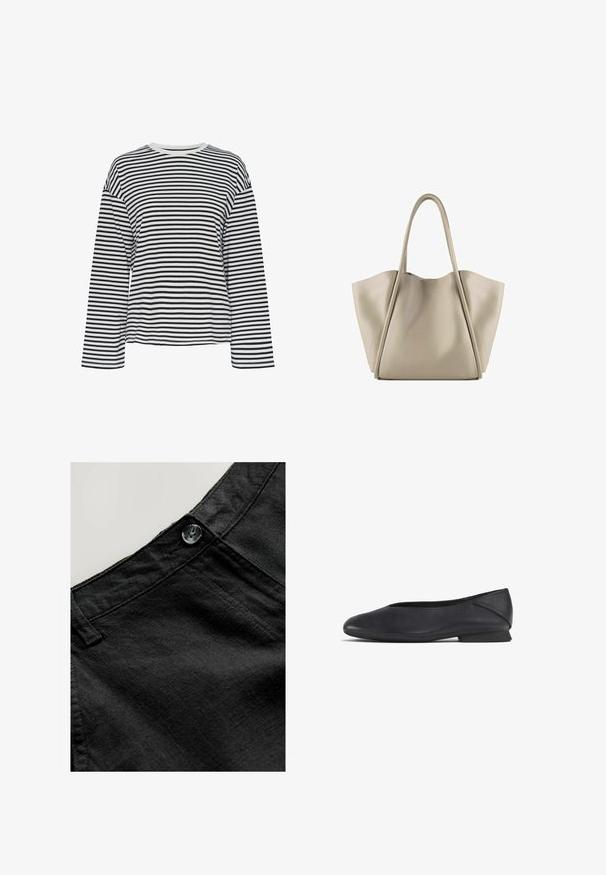 Cămașă cu mânecă lungă, dungi alb-negru, cu decolteu rotund. Material moale, croi lejer și accente contrastante la decolteu.; Pantaloni din in negru cu o textură netedă, caracterizați printr-un buton circular și detalii cusute la talie și la buzunare.; Pantofii din piele neagră, cu vârf rotunjit și toc mic, sunt concepuți pentru a fi purtați în stil casual sau elegant.; Geantă tote din piele bej, cu un design spațios și structurat. Dispune de două mânere lungi și detalii subtile de cusătură; fără elemente de fixare vizibile.