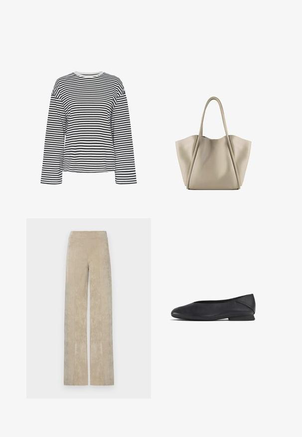 Mustvalge triibuline pikakäisteline pluus, millel on ümmargune kaelus. Pehme kangas, mugav lõige ja kontrastsetes toonides kaeluse aktsendid.; Korkealanteiset, laihalahkeiset housud heledas beežis korduris, millel on vertikaalsed ribad ja pehme tekstuur. Lame vöökoht mugavuse tagamiseks.; Mustadast mustast nahast lame king, millel on ümar varvas ja madal konts, mõeldud igapäevaseks või pidulikuks kandmiseks.; Bež nahkikäär on ruumikas ja struktureeritud disainiga. Omab kahte pikka käepidet ning peeneid õmbluse detaile; nähtavat riistvarakatet ei ole.