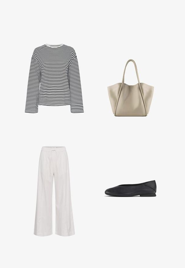 Črna in bela navpična črtasta dolgarokavna majica s krožnim izrezom. Mehka tkanina, sproščen kroj in kontrastni poudarki pri izrezu.; Hlače širokih nogavic iz mehke bele tkanine, z elastičnim pasom in vrvico, gladko teksturo in brez dodatnih okrasitev.; Črne usnjene balerinke z zaobljenim nosom in nizko peto, zasnovane za vsakodnevno ali formalno nošenje.; Bežna usnjena torba z prostornim in strukturiranim dizajnom. Ima dve dolgi ročaji in subtilne šive; brez vidne opreme.