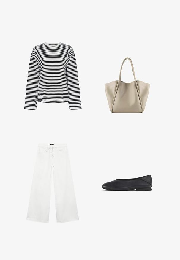 Zwart-witte gestreepte langemouwen shirt met een ronde hals. Zachte stof, relaxte pasvorm en contrasterende accenten op de halslijn.; Witte wijde denim broeken met een vetersluiting aan de voorkant, twee voorzakken en een platte tailleband. Gladde textuur en een casual ontwerp.; Zwarte leren platte schoen met ronde teen en lage hak, ontworpen voor casual of formele gelegenheden.; Beige leren tote bag met een ruime, gestructureerde ontwerp. Heeft twee lange handvatten en subtiele stiksels; geen zichtbare hardware.