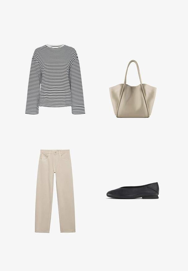 Cămașă cu mânecă lungă, dungi alb-negru, cu decolteu rotund. Material moale, croi lejer și accente contrastante la decolteu.; Pantaloni bej din bumbac, cu un design drept, buzunare frontale și închidere cu un singur nasture la talie.; Pantofii din piele neagră, cu vârf rotunjit și toc mic, sunt concepuți pentru a fi purtați în stil casual sau elegant.; Geantă tote din piele bej, cu un design spațios și structurat. Dispune de două mânere lungi și detalii subtile de cusătură; fără elemente de fixare vizibile.