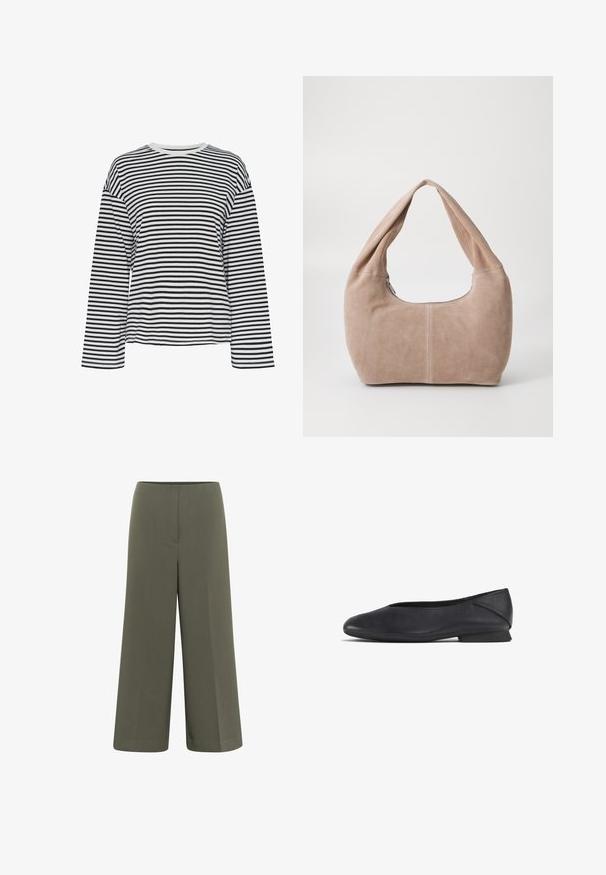 Mustvalge triibuline pikakäisteline pluus, millel on ümmargune kaelus. Pehme kangas, mugav lõige ja kontrastsetes toonides kaeluse aktsendid.; Laiad püksid, mis on valmistatud siledast oliivirohelisest kangast, millel on lame vöökoht ja nähtamatud taskud, omavad struktureeritud sobivust ja puhtaid jooni.; Mustadast mustast nahast lame king, millel on ümar varvas ja madal konts, mõeldud igapäevaseks või pidulikuks kandmiseks.; Hobo kott, mis on valmistatud pehmest nubukmaterjalist heledas beezis värvitoonis. Omab ümarat kuju, laia sangaga ja tõmblukuga sulgemist.