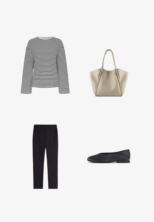Zwart-witte gestreepte langemouwen shirt met een ronde hals. Zachte stof, relaxte pasvorm en contrasterende accenten op de halslijn.; Zwarte pull-on broek van zacht materiaal, met een elastische tailleband, zijzakken en een taps toelopend ontwerp.; Zwarte leren platte schoen met ronde teen en lage hak, ontworpen voor casual of formele gelegenheden.; Beige leren tote bag met een ruime, gestructureerde ontwerp. Heeft twee lange handvatten en subtiele stiksels; geen zichtbare hardware.