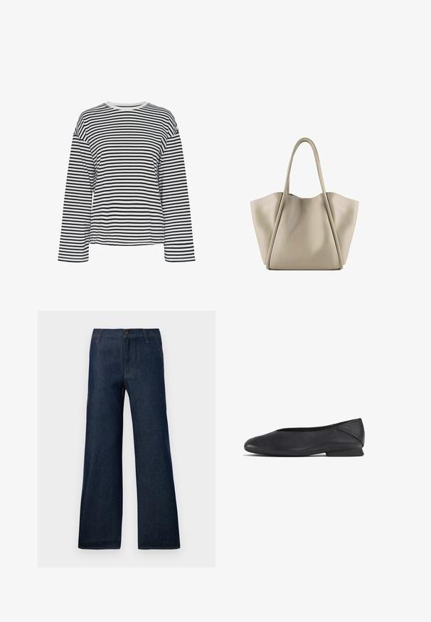 Camisa de manga larga a rayas en blanco y negro con cuello redondo. Tejido suave, corte relajado y acentos de cuello en contraste.; Jeans de tiro alto de pierna ancha en azul oscuro, confeccionados en denim, con un diseño clásico de cinco bolsillos, cierre de botón y detalles de costura sutiles.; Zapato plano de cuero negro con punta redonda y tacón bajo, diseñado para uso casual o formal.; Bolsa tote de cuero beige con un diseño espacioso y estructurado. Presenta dos asas largas y detalles de costura sutiles; sin herrajes visibles.