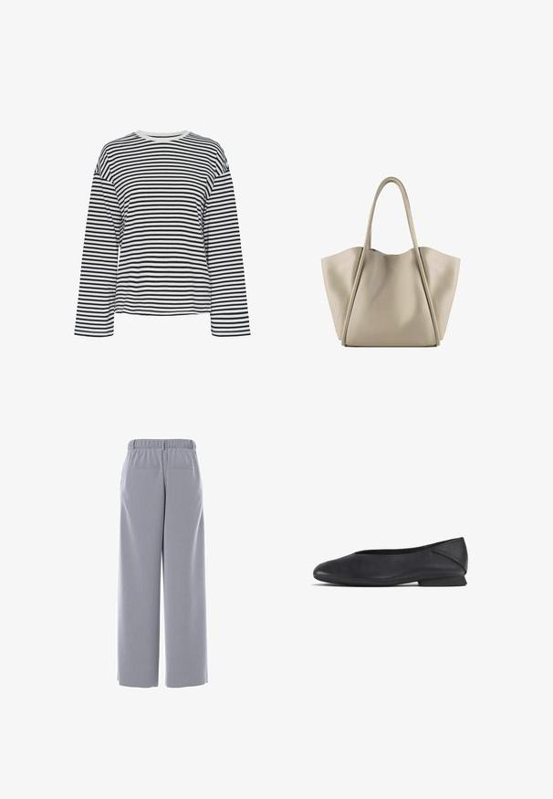 Mustvalge triibuline pikakäisteline pluus, millel on ümmargune kaelus. Pehme kangas, mugav lõige ja kontrastsetes toonides kaeluse aktsendid.; Hallid laiad püksid elastse vöökohtaga, millel on kaks tagumist taskut ja sile, tekstureeritud kangas.; Mustadast mustast nahast lame king, millel on ümar varvas ja madal konts, mõeldud igapäevaseks või pidulikuks kandmiseks.; Bež nahkikäär on ruumikas ja struktureeritud disainiga. Omab kahte pikka käepidet ning peeneid õmbluse detaile; nähtavat riistvarakatet ei ole.