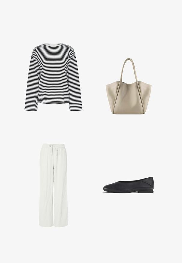 Melnā un baltā svītraina krekla ar garām piedurknēm un apaļu kakla izgriezumu. Mīksta auduma, brīvs piegriezums un kontrastējoši kakla akcenti.; Gaišā pelēkā krāsā platās bikses, izgatavotas no mīkstas teksturētas auduma. Aprīkotas ar elastīgu jostu ar auklu, kas nodrošina pielāgojamu piegulšanu.; Melnas ādas plakanas kurpes ar noapaļotu purngalu un zemu papēdi, paredzētas ikdienišķai vai formālai valkāšanai.; Bežs ādas rokassoma ar plašu, strukturētu dizainu. Iekļauj divas garas rokturus un smalkas šuvju detaļas; nav redzamu metāla daļu.