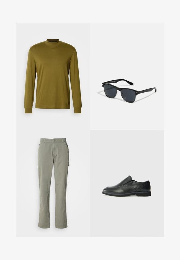 Camisola de gola alta de manga longa em verde-azeitona, feita de tecido suave, com um design ajustado e golas e punhos canelados.; Calças de algodão verde claro com corte reto, apresentando bolsos frontais, fecho com botão e uma cintura com passantes para cinto.; Sapato slip-on preto em pele com um upper liso, acabamentos cosidos, bico arredondado e um salto de borracha baixo. A sola apresenta um padrão de aderência mínimo.; Óculos de sol pretos com forma retangular, lentes escuras, detalhes em prata nas hastes e um acabamento mate na armação.