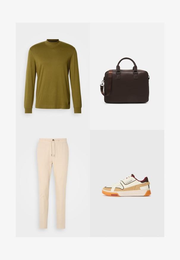 Camisola de gola alta de manga longa em verde-azeitona, feita de tecido suave, com um design ajustado e golas e punhos canelados.; Calças em tom bege, corte estreito, feitas de tecido macio, com uma cintura elástica e cordão, além de um único bolso frontal. Textura suave e design discreto.; Sapatilha bege e creme com acabamento texturizado, detalhes escuros em contraste, atacadores brancos e sola laranja robusta. Logótipo exibido na lateral.; Mala de laptop em pele castanha com uma superfície texturizada, duas alças superiores, alça ajustável e duas fivelas frontais para um detalhe adicional.