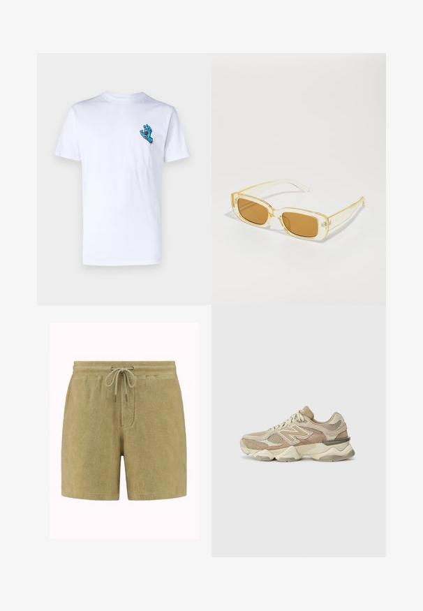 White cotton t-shirt featuring a blue monster hand graphic on the left chest. Simple crew neck design with short sleeves.; Towel shorts in soft, olive green fabric. Features a drawstring waist with metal tips, side pockets, and a relaxed fit.; Beige athletic sneakers with mesh and suede materials, rounded toe, thick sole, and notable reflective accents on the side.; Rectangular sunglasses with transparent yellow frames and brown lenses. The arms feature subtle branding and a smooth, glossy texture.