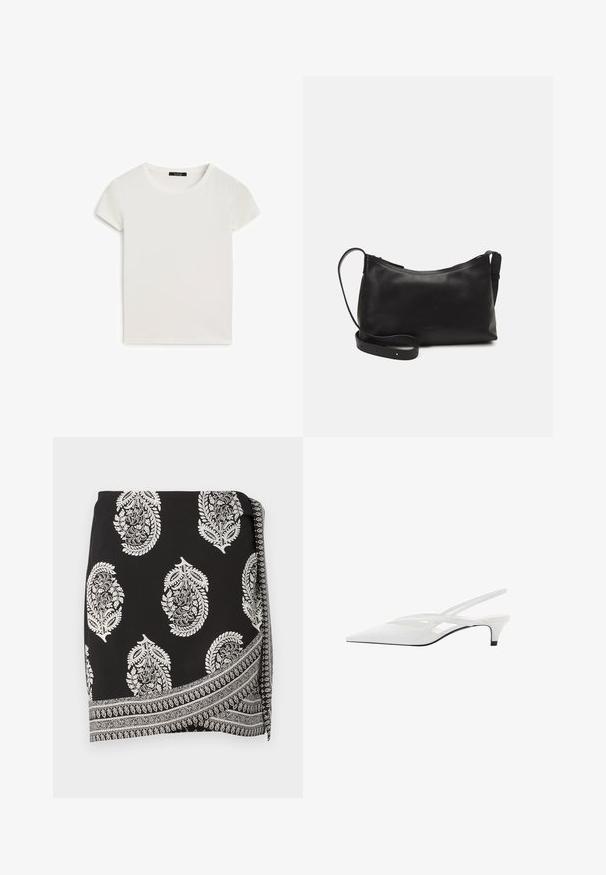 Bílý krátký rukáv tričko s kulatým výstřihem, vyrobené z jemné bavlněné tkaniny, s hladkou strukturou a jednoduchým designem.; Černá zavinovací sukně s bílými paisley vzory a detailním okrajovým designem. Vyrobena z lehkého materiálu s hladkou texturou.; Bílé slingback podpatky se špičatou špičkou, s hladkým svrškem, jemnými výřezy a nízkým blokovým podpatkem. Černá podrážka zvýrazňuje design.; Černá kožená taška přes rameno s hladkým povrchem, zakřiveným tvarem, nastavitelným popruhem a zipovým uzávěrem. Minimalistický design bez zdobení.
